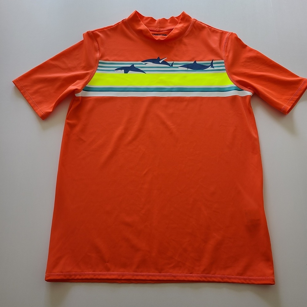 Lands'‎ End Short Sleeve Tee Rash Guard Swim Orange Sharks Size Large
